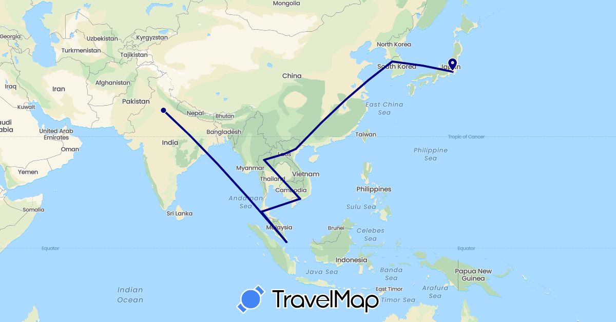 TravelMap itinerary: driving in India, Japan, South Korea, Laos, Singapore, Thailand, Vietnam (Asia)